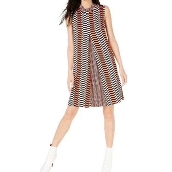 MARELLA Rina Pleated A-Line Geometric Print Dress Black Orange Medium - Picture 2 of 16